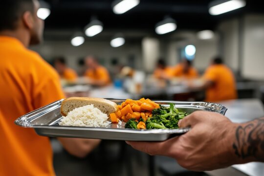 A close-up of inmates holding their meal trays, showcasing a selection of vibrant, nutritious vegetables, rice, and bread within a prison cafeteria setting.