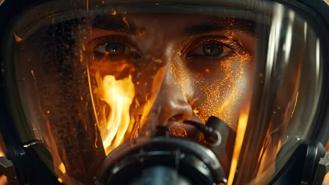 Intense close-up of a firefighter in a protective helmet amidst flames