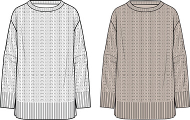 Women's Crew Neck Cable Tunic. Technical fashion illustration. Front, white color. Women's CAD mock-up.