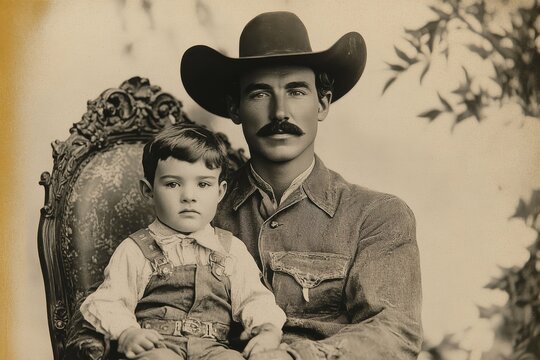 Classic cowboy father and son portrait in a vintage setting