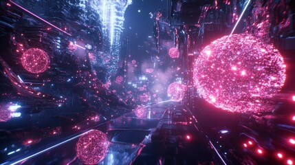 Neon Cyberpunk Cityscape: Glowing Spheres and Futuristic Architecture