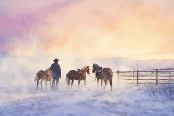 Cowboy with horses in misty winter sunrise