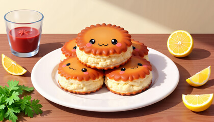 Kawaii crab cakes with adorable eyes on a plate, cheerful kitchen setting