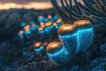 Obraz premium Glowing cacti at sunset, a vibrant display of desert flora illuminated with otherworldly light.