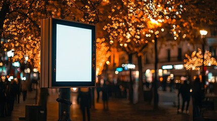 A digital screen installed on a pole in a busy shopping district, displaying an empty space for advertisements.