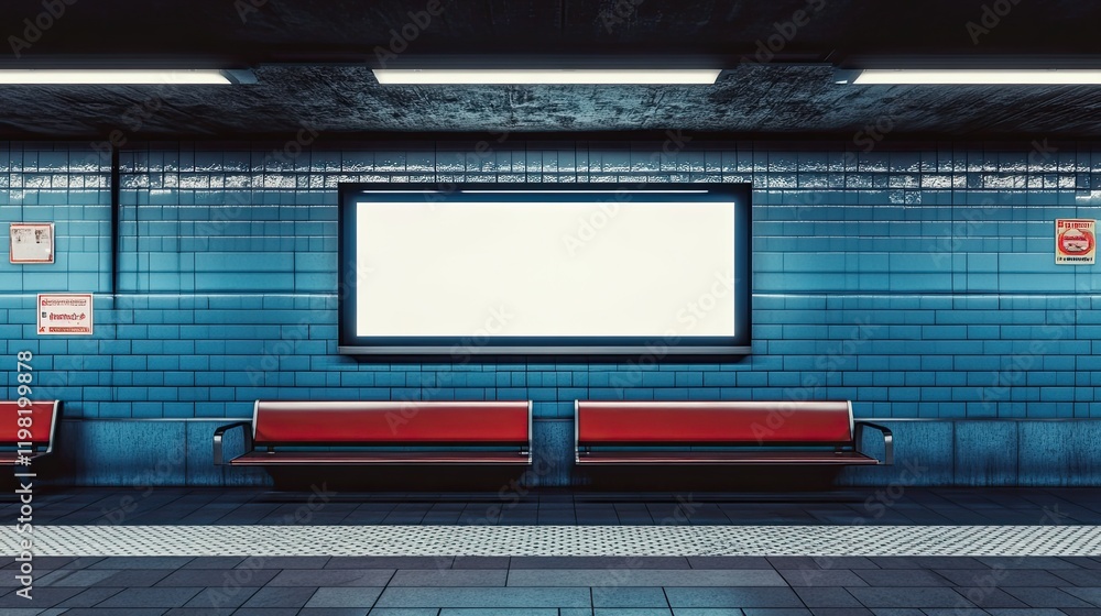 Poster a digital signage screen in a subway station, showing an empty digital space surrounded by urban ele