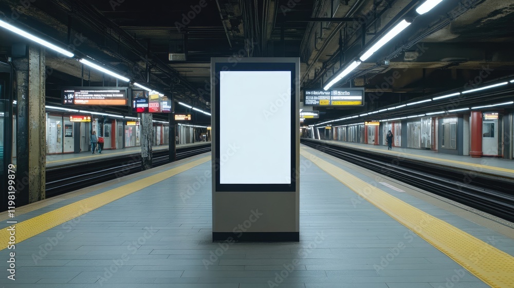 Poster a digital signage screen in a subway station, showing an empty digital space surrounded by urban ele