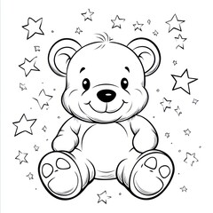 Naklejka premium Black line drawing of a teddy bear sitting surrounded by stars, for coloring or learning