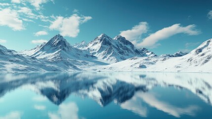 A dramatic mountain range covered in snow, with sharp peaks piercing the clear blue sky and a tranquil lake reflecting the scene.
