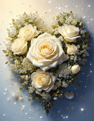 Elegant heart-shaped white rose bouquet floral arrangement romantic setting soft lighting beauty concept