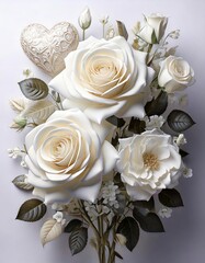 Elegant white roses bouquet with heart floral arrangement soft background romantic concept for celebrations