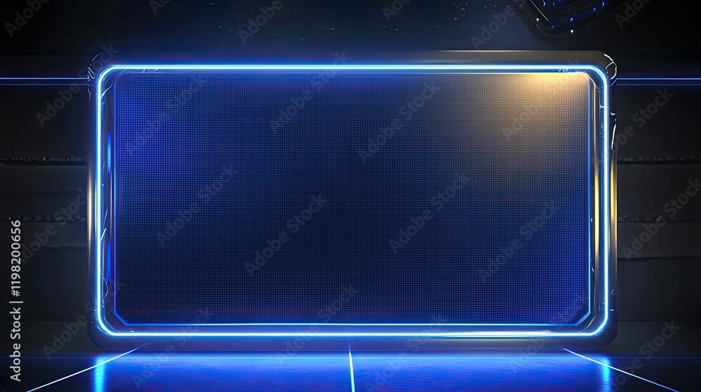 Poster a futuristic led display panel with bright neon edges, awaiting custom content for display.