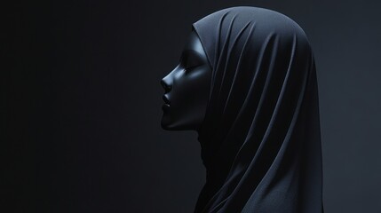 Mannequin in a dress sits on the floor. Muslim woman in hijab. Mannequin in dress and hijab. Modesty. Religion Islam. The room is dark.