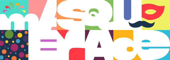 Colorful masquerade carnival banner with vibrant mask, confetti and geometric patterns. Modern festive design perfect for party invitations, holiday flyers, celebration posters and event decorations