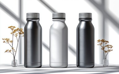 Stainless Steel Water Bottles in White Gray and Black on White Background