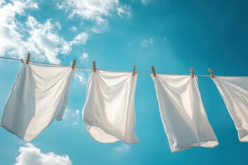 White clothes hanging on a clothesline, drying in the sun. Perfect for concepts of freshness, cleanliness, and spring.