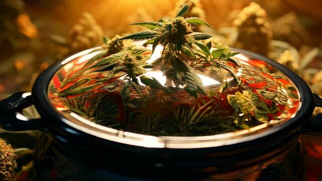 Decorative pot with cannabis plants and vibrant background elements
