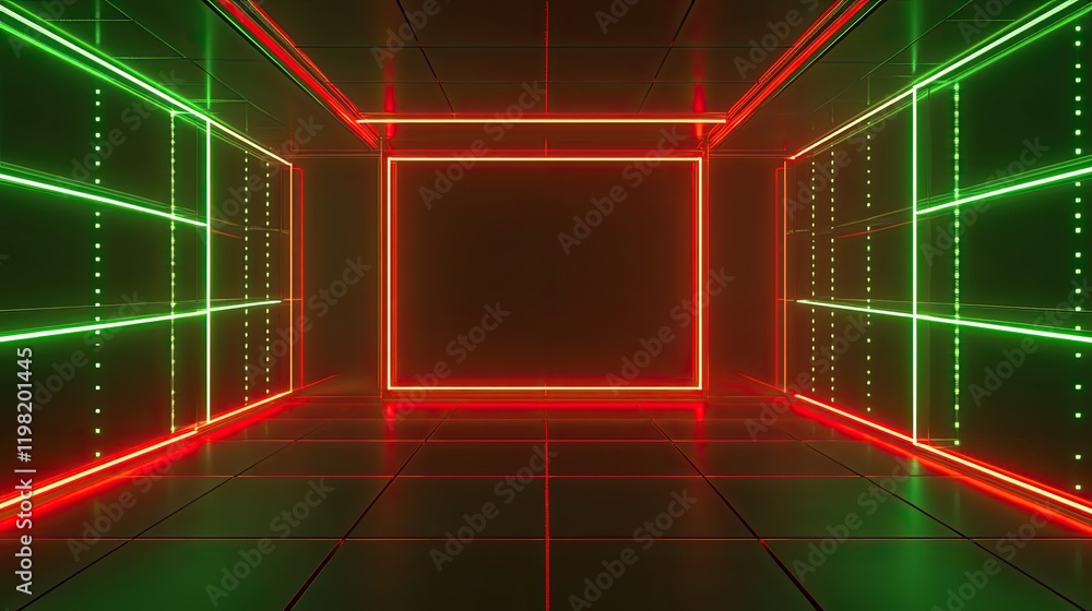 Poster a high-tech background with neon-colored squares and circuits, featuring space for creative addition