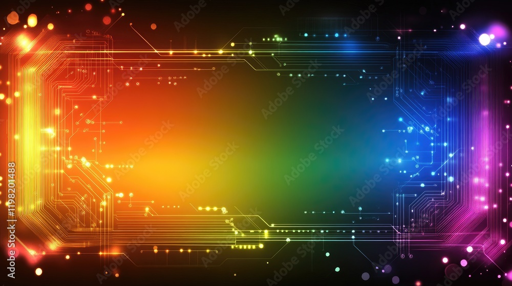 Poster a high-tech background with neon-colored squares and circuits, featuring space for creative addition