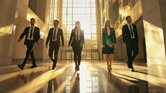 A professional business team confidently walking through a modern office lobby, illuminated by warm sunlight streaming through large windows, 4k video footage