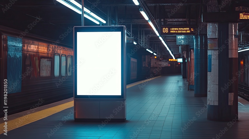 Poster a large digital signage display on a subway platform, standing alone with a blank, glowing screen.