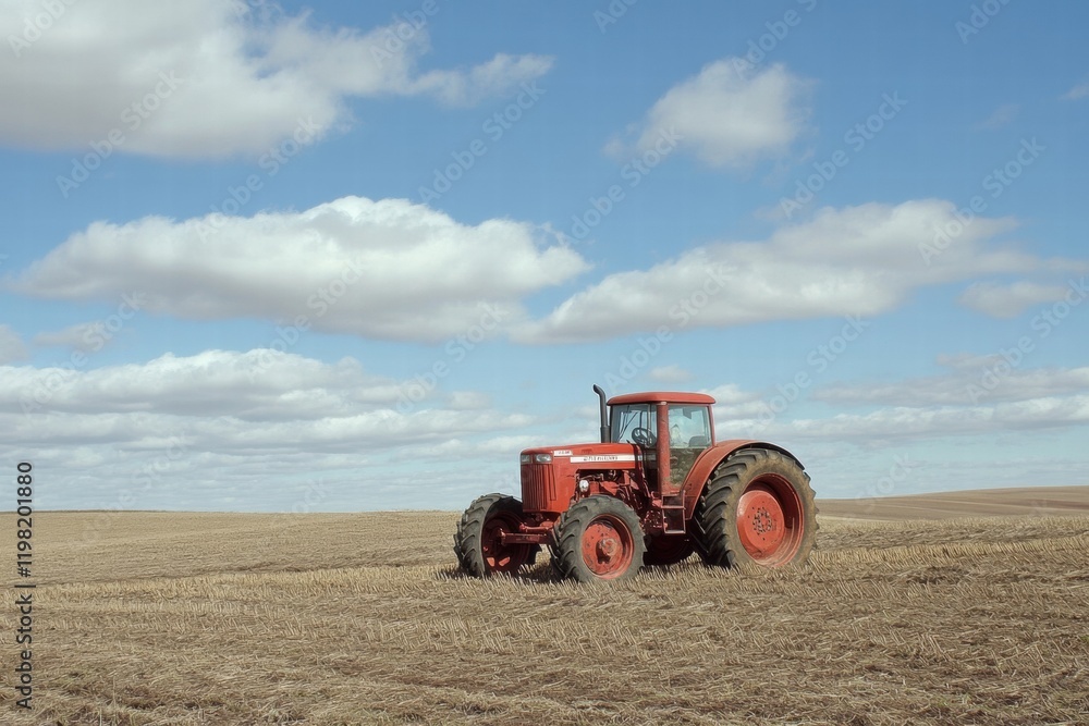 Poster Red tractor working in a plowed field under a clear blue sky with fluffy clouds during daytime. Generative AI