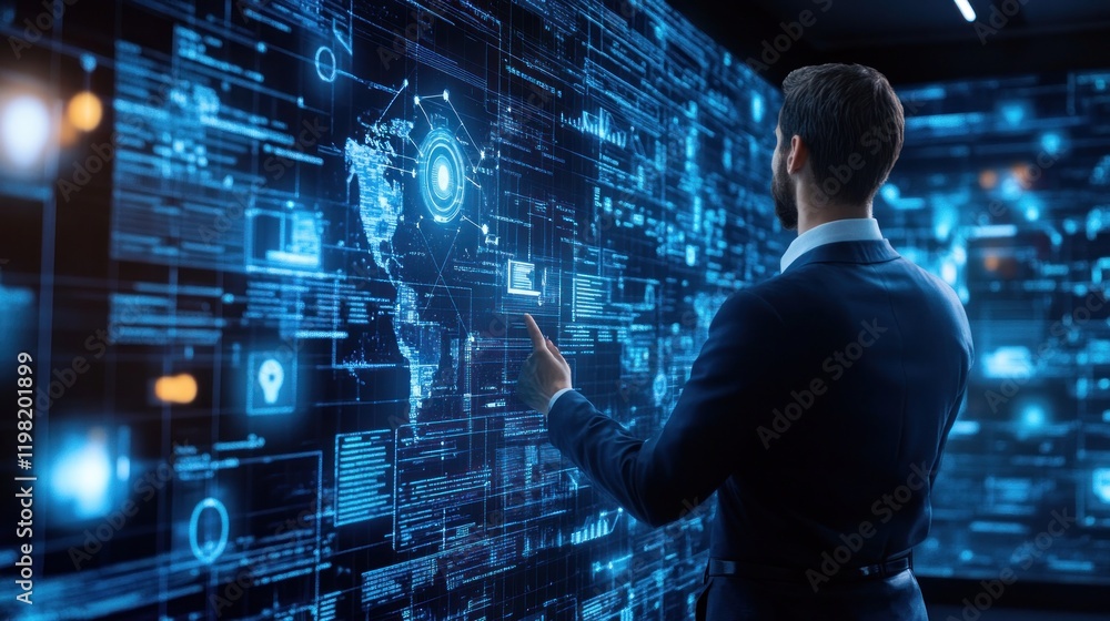 Poster global data visualization: a businessman interacts with a futuristic interface