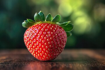 A single, ripe strawberry sits on a dark wooden surface, showcasing its vibrant red color and detailed texture against a blurred green background.