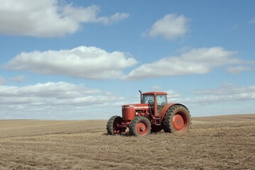 Obraz premium Red tractor working in a plowed field under a clear blue sky with fluffy clouds during daytime. Generative AI
