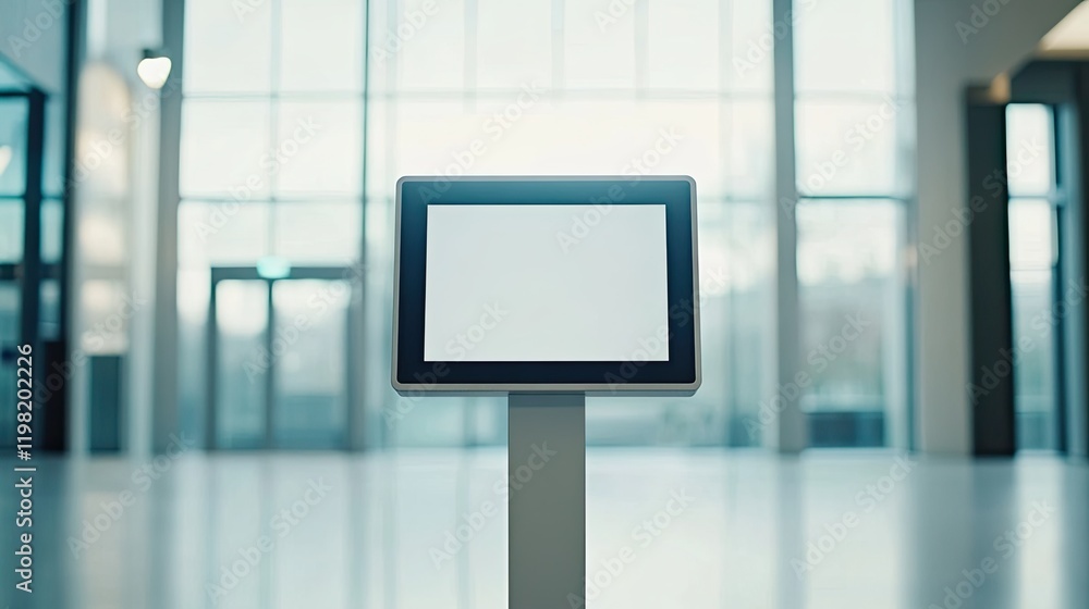Poster a modern interactive touchscreen sign in a minimalist lobby, with a blank display and ample copy spa
