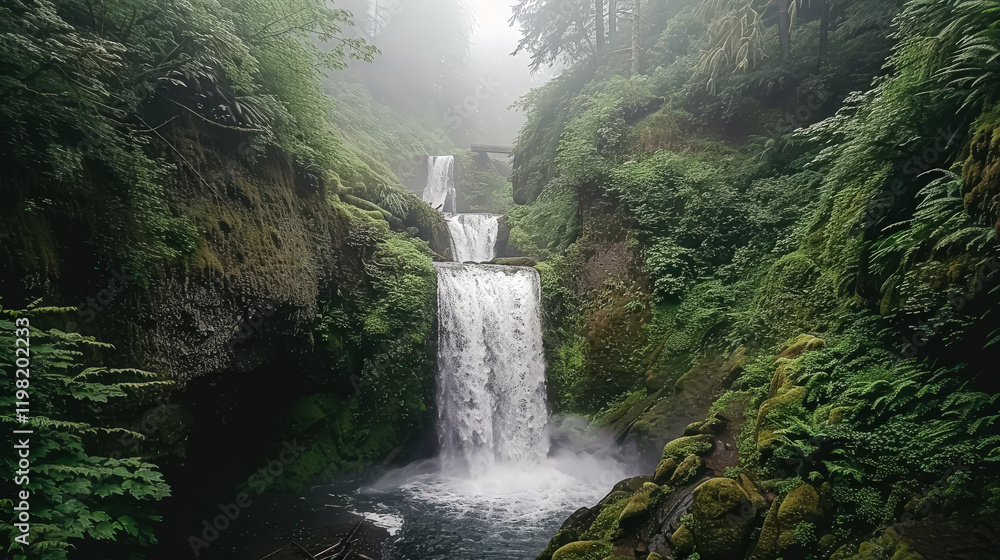 Poster waterfall is surrounded by trees and a river. the water is flowing over rocks and the trees are in f