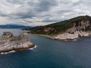 Drone aerial view of the Church of St. Peter in Porto Venere Italy