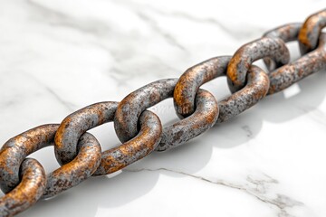 Fototapeta premium A rusty chain lies on a marble surface, symbolizing strength, connection, and the passage of time.