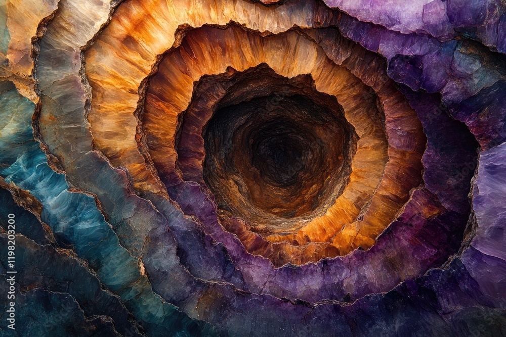 Poster a mesmerizing swirling pattern of colorful layers creating a deep, cave-like effect.