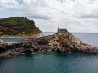 Drone aerial view of the Church of St. Peter in Porto Venere Italy
