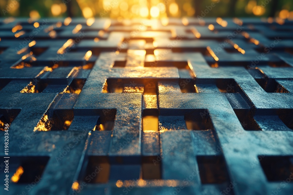 Poster abstract metallic surface with geometric pattern and cut-out squares, illuminated by warm light.