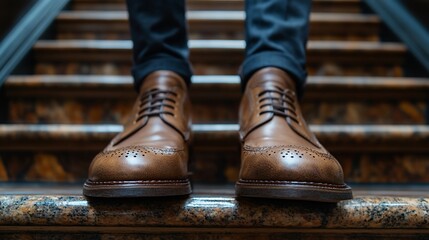 Brown leather shoes on marble stairs, indoor. Lifestyle fashion