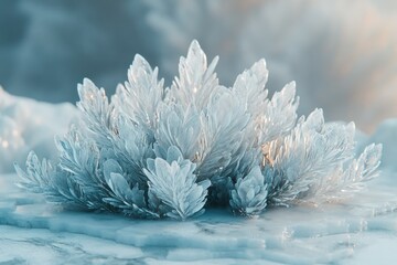 Delicate ice crystals form a stunning, frost-like cluster on a frozen surface, a mesmerizing winter scene.