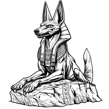 recommend clip art: Majestic Anubis Statue: Ancient Egyptian Mythology, Jackal God, Black and White Line Art, Cultural Symbol