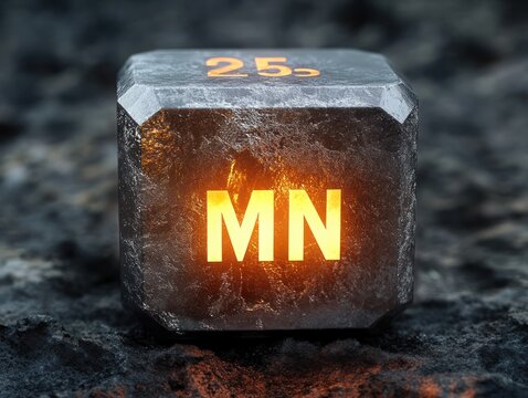 3D Rendered Manganese Element Cube with Chemical Symbol Mn and Atomic Number 25 in Hyper-Realistic Style