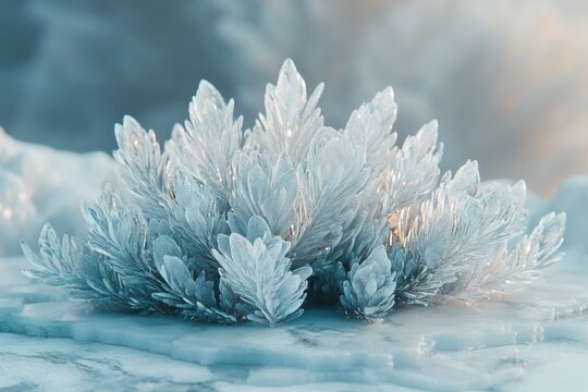 Delicate ice crystals form a stunning, frost-like cluster on a frozen surface, a mesmerizing winter scene.