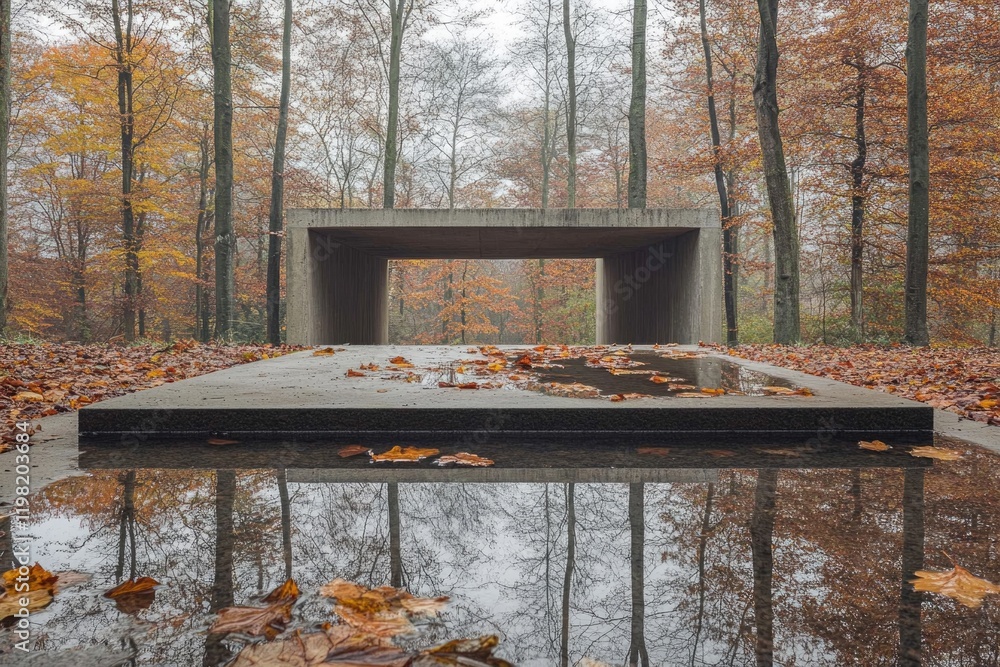 Poster minimalist concrete structure in an autumnal forest, reflecting the trees in a still pool of water.