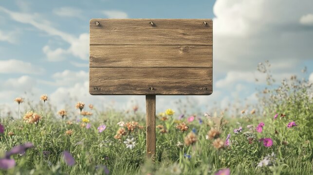 Blank wooden roadside signboard surrounded by wildflowers and shrubs.