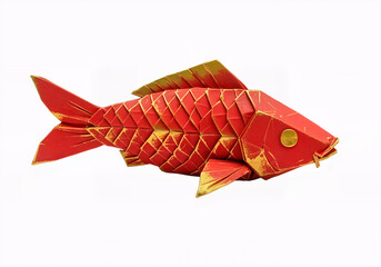 side view of folded origami paper red and gold koi fish - isolated white background