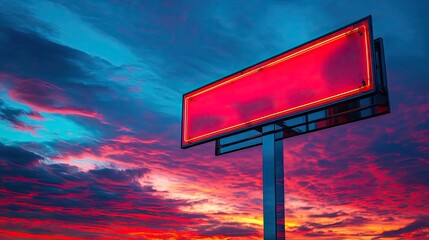 Business sign glowing brightly at twilight, mounted on a mirrored surface.
