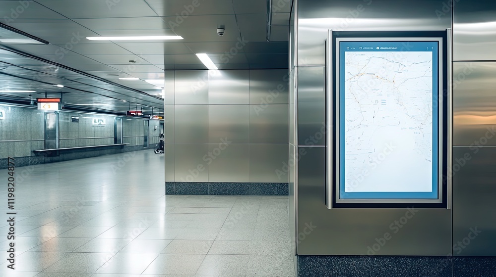 Poster digital interactive map display in a public space with an empty touchscreen for navigation.
