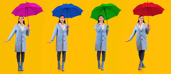 Creative collage of pretty lady in blue coat and boots posing with colorful umbrella over pastel pink wall, panorama