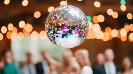 Disco ball wedding themed, sparkling disco ball reflects colorful lights at festive event