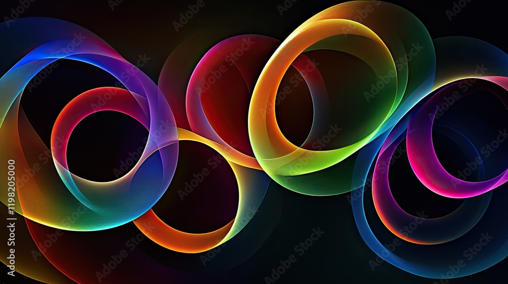 Poster dynamic neon circles glowing in gradient colors, floating on a dark gradient background.
