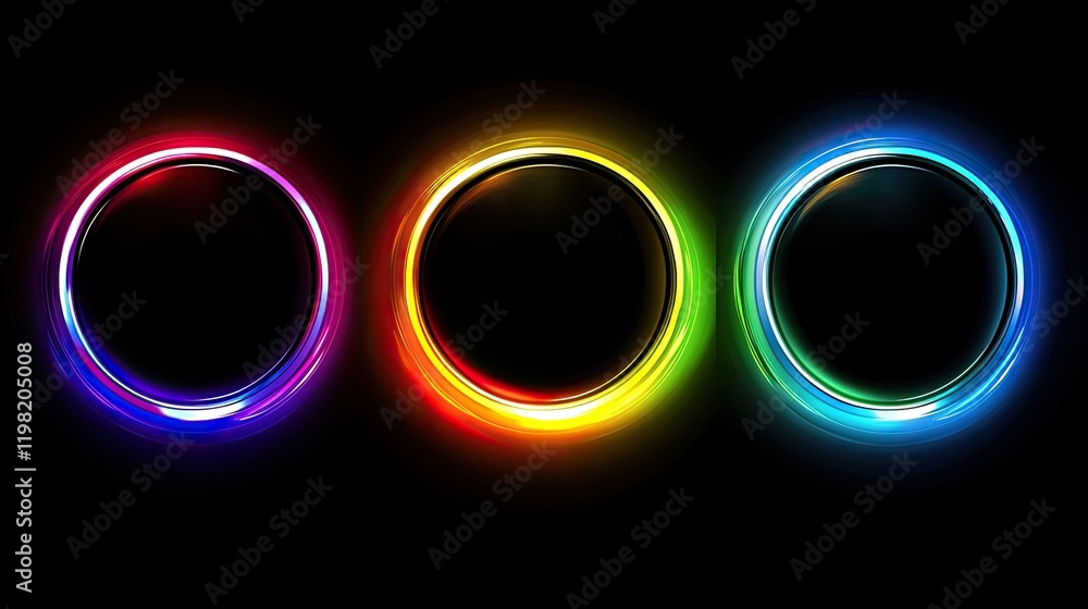 Poster dynamic neon circles glowing in gradient colors, floating on a dark gradient background.